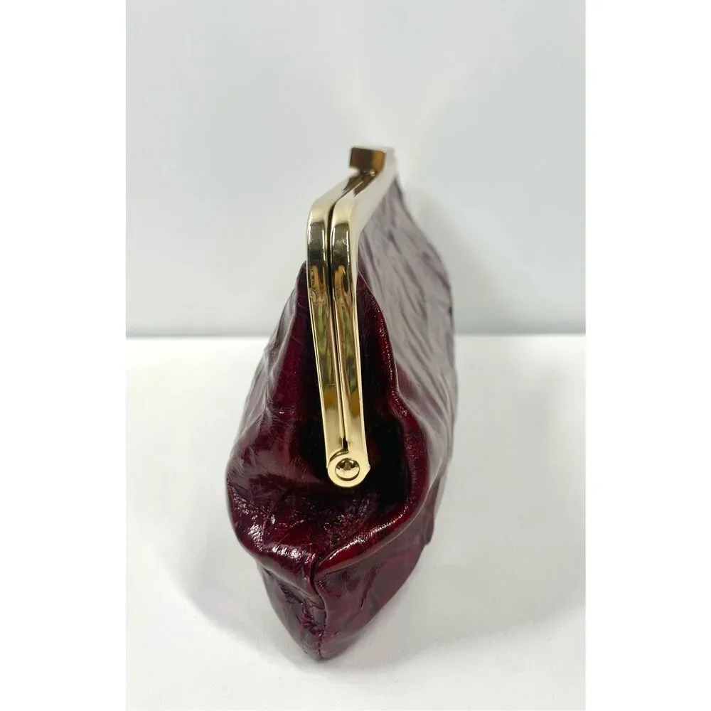 Vintage HOBO International Crinkle Dark Red Glaze Leather Clutch Gold Clasp RARE